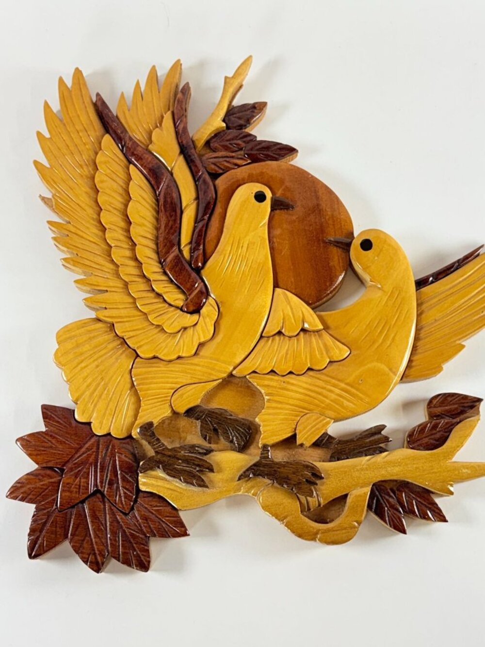 Love Doves Wooden Wall Art Decor Intarsia Hanging Plaque Bird Tree Branch Lodge